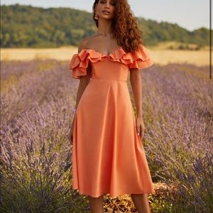 Off the shoulder ruffled orange Avianna dress midi